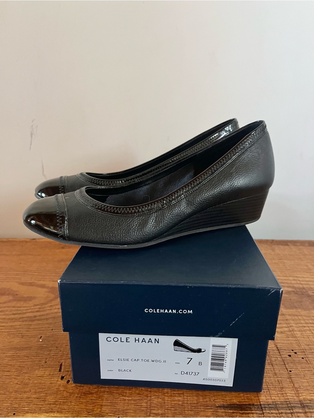 Cole Haan Black Leather Cap-Toe Wedge Pumps
